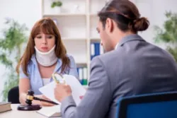 An injured woman, wearing a neck brace, discussing fault with a lawyer after being hit by a car as a pedestrian.