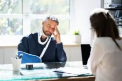 A man in a neck brace and arm sling sits across a desk from a workers’ compensation claim lawyer.