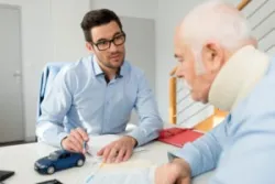 A lawyer speaking with a client wearing a neckbrace about their case after being injured in an accident caused by a pedestrian.