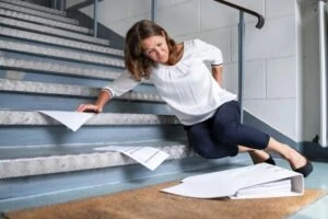 A professionally dressed woman props herself with one hand on her back at the base of a set of stairs. Her binder and papers are scattered around her, and she wonders how much pain and suffering is worth in a slip and fall case.