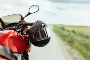 close-up on motorcycle helmet on bike
