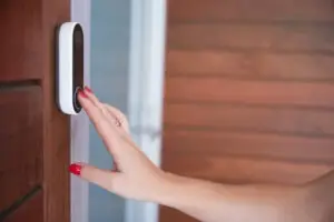 woman ringing a video doorbell