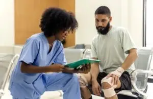 Injured man talks to nurse after UPS work accident