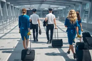 flight attendants and pilots walking through an airport with rolling luggage