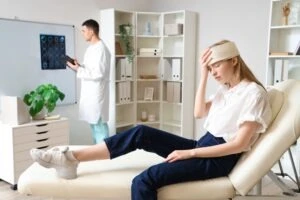 A young woman in the doctor’s office with a concussion from whiplash