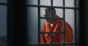 older man sitting in jail behind bars