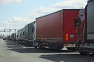 line of semitrailer trucks