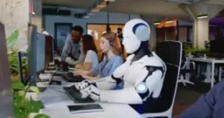 A robot works alongside humans in a call center. As AI is on the rise in the call center industry, the FFC bans the use of AI voices in unsolicited robocalls.