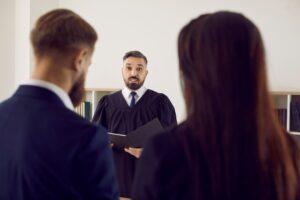 man at a court hearing with his lawyer