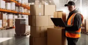A delivery man stands in a warehouse and uses a computer to ask, “Can you drive for Amazon with a DUI?”