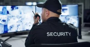 Security guard with a DUI sitting speaking into a walkie-talkie and sitting in front of several screens