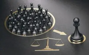3d illustration of chess pawns and scales of justice