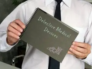 a man in a white shirt and black tie holding a book entitled "Defective Medical Devices."