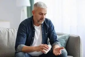 a mature man sitting on a couch with pills in his hand
