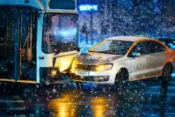 A bus after an accident. Find out how a bus accident lawyer investigates the cause of a collision.