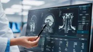 A doctor looking at brain scans. Learn about your legal options with an Edwardsville brain damage lawyer.