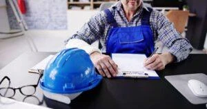 A man sitting at a desk with his hard hat, wondering, “How long can you receive workers’ comp benefits in New York?”
