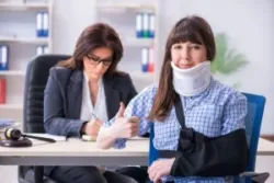 Woman in neck brace meets with personal injury lawyer in Sacramento