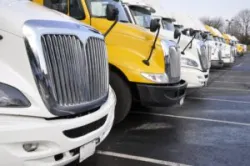 A row of large commercial vehicles. You can contact a Bakersfield truck accident lawyer for help after a collision involving these vehicles.