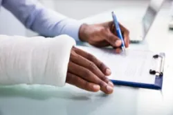 An injured victim fills out documents provided by an experienced Riverside catastrophic injury lawyer.