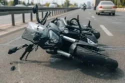 A motorcycle on the road after a crash. A lawyer can explain who is at fault in most motorcycle accidents.