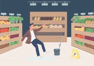 Illustration of someone slipping and falling on a wet floor in a grocery store. This man may be able to sue if the circumstances are right.