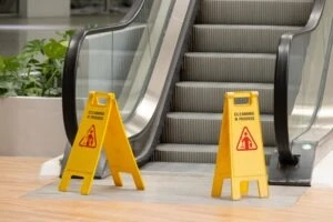 Yellow caution signs placed on the steps of an escalator. How does a slip and fall lawsuit work?