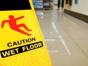 Sign warning about a slippery floor. What is the average settlement for a slip and fall accident?