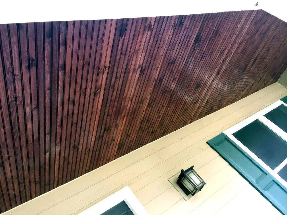 Custom stained wood porch ceiling by Opal Enterprises #OpalCurbAppeal