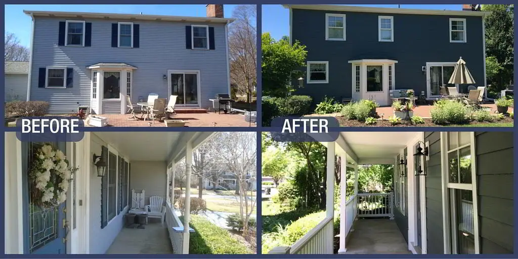 Before & After of Naperville home with new James Hardie siding in Evening Blue