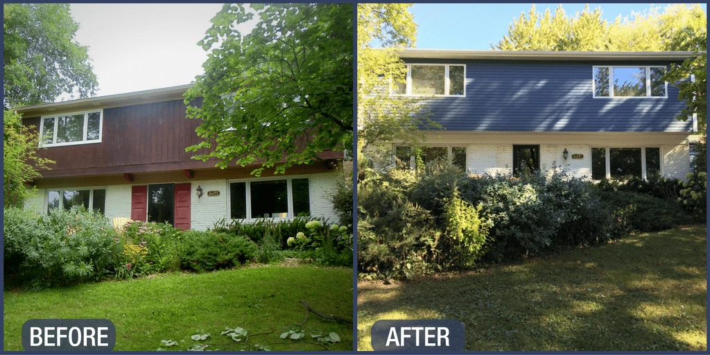 Before and After photo of Siding replacement in Naperville with James Hardie Evening Blue