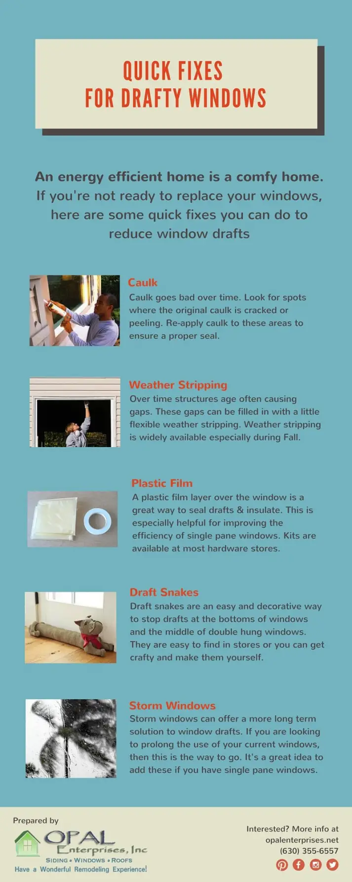 Quick Fixes for drafty windows infographic by Opal Enterprises of Naperville