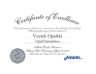 Alside Certificate of Excellence Opal Enterprises