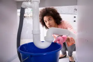 woman puts bucket under burst kitchen pipe