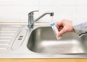 A hand holding a water-testing vial beneath running tap water
