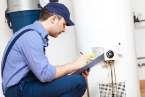 repairman in front of water heater writing on clipboard