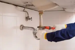 Kingman, AZ plumber fixing sink.