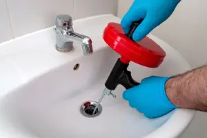 plumber using auger to snake a drain