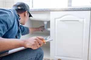 plumber working under sink