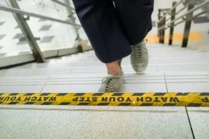 Warning sign on steps to prevent accidents