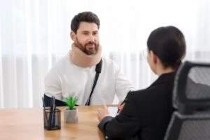 Lawyer sits at desk with client and explains how Jones Act and workers' comp claims are different.