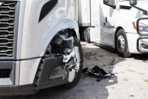 A smashed truck front-end after an accident. Are the truck driver and truck company liable for accidents?