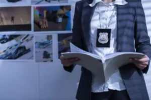a police officer reading a file