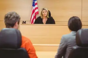 lawyer and client speaking to judge