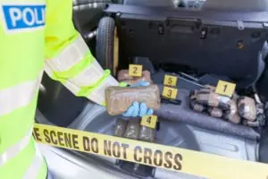 police tape and crime scene official in front of drugs in car trunk
