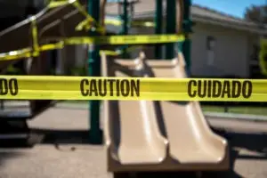 playground equipment taped off with yellow caution tape