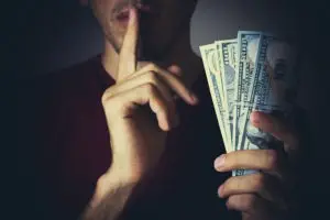 man whispering with money in his hand