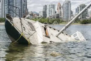 sinking sailboat abandoned on shore