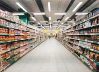supermarket aisle with colorful shelves