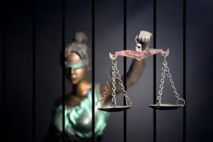 Lady justice behind bars. You can sue for wrongful imprisonment in the state of California.